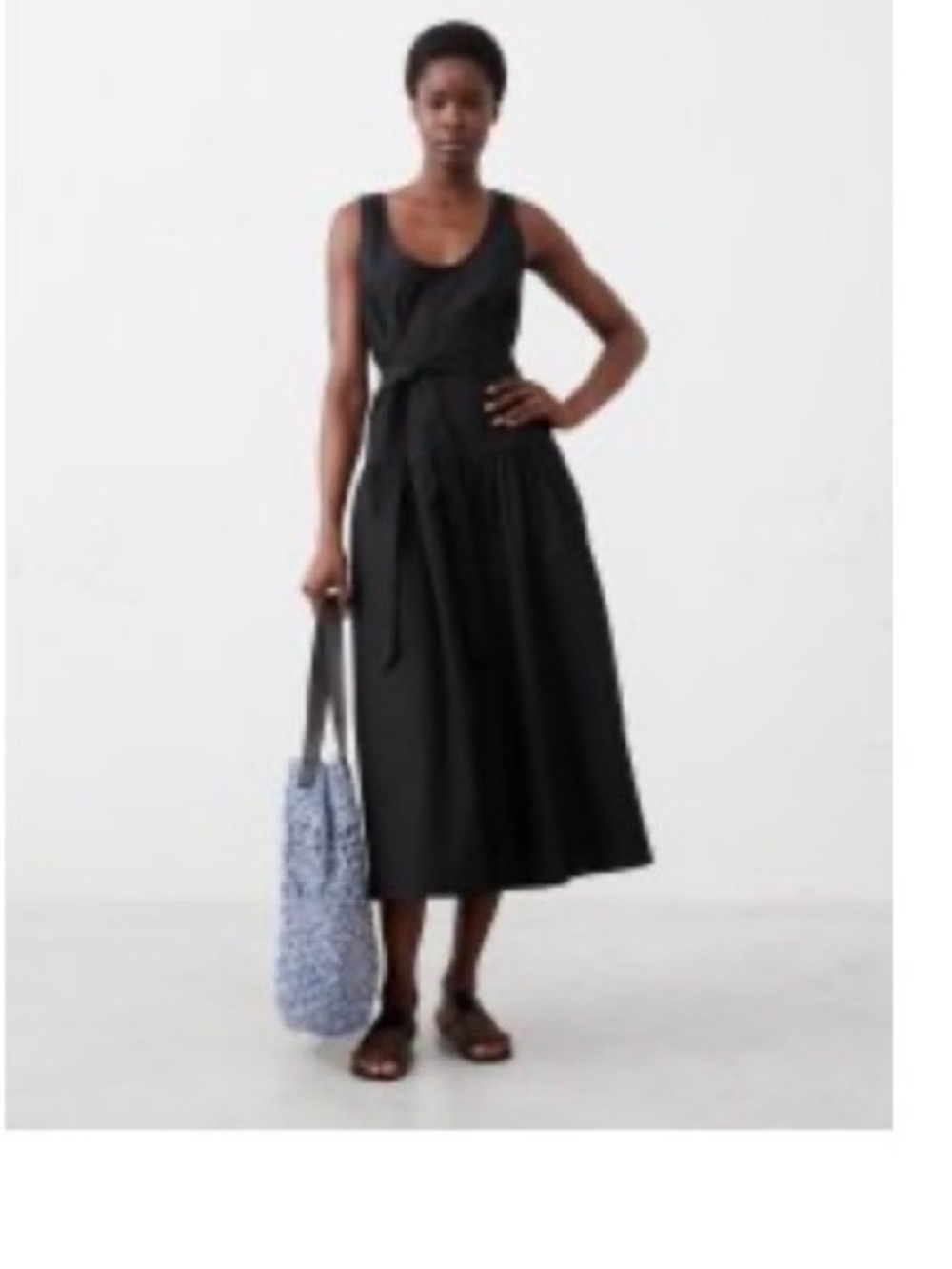 Black Sleeveless Midi Dress with Waist Tie